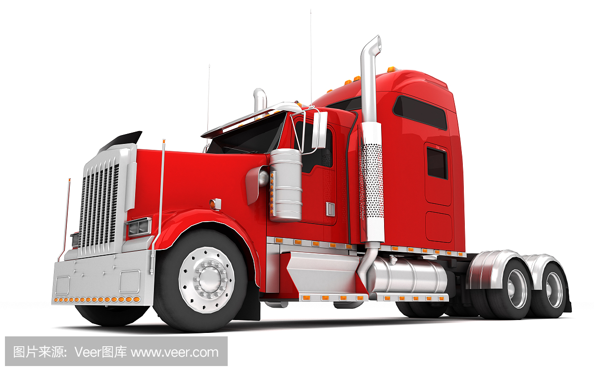 物流的概念。美国红色货运卡车没有集装箱从右向左移动孤立在白色背景。前面的透视图。底部视图。三维演示